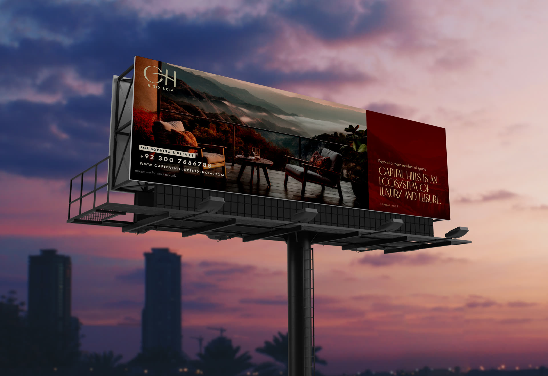 Capital Hills Residencia — Billboard at dusk